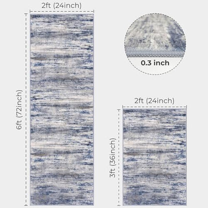 KOZYFLY Modern Abstract Area Rugs 2PCS 2x3 and 2x6 Blue-Grey Machine Washable Runner Rug Non-Slip Living Room Rug, Faux Wool Soft Low Pile Office Carpet for Hallway Entryway Bathroom Bedroom - color: Blue-grey, size: 2' x 3' (Set)