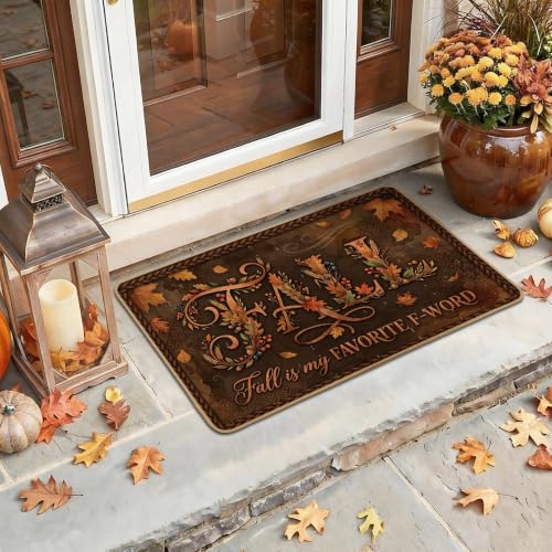 Leaves Welcome Door Mat, Seasonal Rustic Pumpkins Text Fall Brown Washable Low Profile Decorative Doormat for House Office Outside Inside Entrance Decor 29x17 Inch