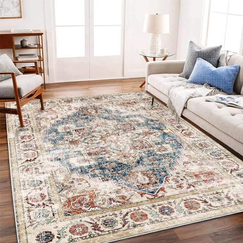CHAMPLANT Beige Blue Washable Area Rug 8'x10' Boho Chic Medallion Distressed Design Non-Shedding Easy Care Ideal for High Traffic Areas in Living Room Bedroom Office Coffee Table Large Carpet - color: Beige and Blue, size: 8' x 10' (Rectangular)