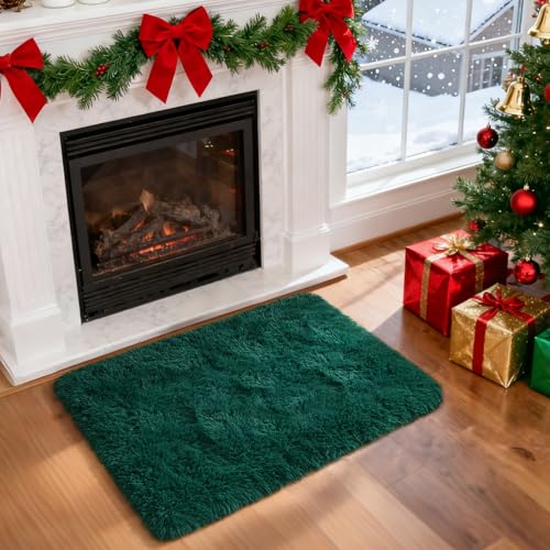 Fluffy Shaggy Area Rug, Deep Green 2x3 Small Rugs for Fireplace Christmas Holiday Decor, Mini Fuzzy Plush Throw Rug, Soft Non-Slip Entryway Rugs Shag Catpet for Livingroom Home Aesthetic - color: Deep Green, size: 2' x 3' (Rectangular)