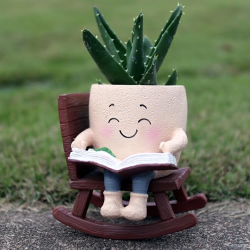 Dolkgy Cute Plant Pots Head Planters, Funny Rocking Chair Reading Book Planter Cactus Face Pot with Drainage Hole for Indoor Outdoor Plants, Unique Plant Lover Gifts - color: Khaki