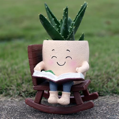 Dolkgy Cute Plant Pots Head Planters, Funny Rocking Chair Reading Book Planter Cactus Face Pot with Drainage Hole for Indoor Outdoor Plants, Unique Plant Lover Gifts - color: Khaki