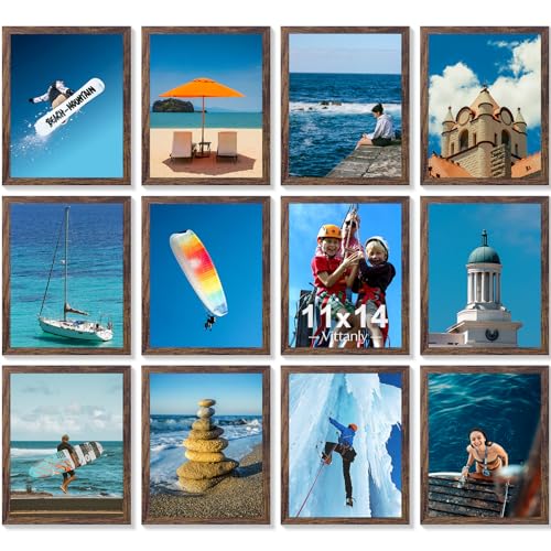 Vittanly 11x14 Picture Frames Set of 12 for Wall Mounting, Brown | Display Pictures 8x10 with Mat or 11x14 without Mat, Engineered Wood with Shatter Resistant Plexiglass, Gallery Photo Frames - color: Brown, size: 11x14
