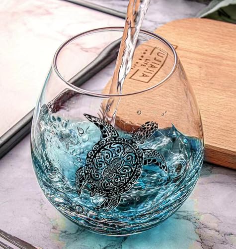 Physkoa Sea Turtle Gifts for Women-13.5oz Sea Turtle Wine Glasses set of 2 - Crackle teal design turtle wine glasses-Hand blown Stemless Wine Glass - turtle lovers Gifts for Birthday，Mothers Day - color: Bluck（2 Count）