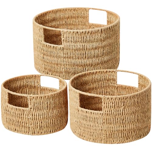 Wicker Storage Basket, Hand-Woven Paper Rope Large Round Woven Basket With Handles, Wicker Baskets for Organizing/Storage, Natural, 3-Pack - color: Round Paper Rope(Natural)