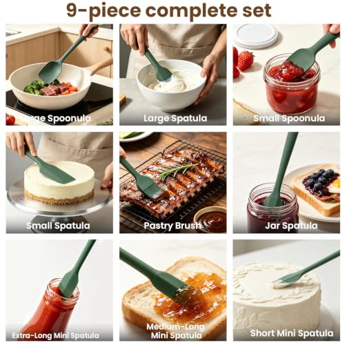 Silicone Spatula Set,9-Piece BPA Free Food Grade Heat Resistant Spatulas for Cooking Baking,Seamless One Piece Design,Non-Stick Safe,Dishwasher Safe,Withstands -104°F to 600°F（Green） - color: Green