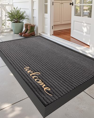 DEXI Front Door Mat Outside Entrance 36x60 Welcome Rubber Entry Doormat | Non Slip Outdoor Use Trap Dirt and Moisture Easy Clean Low Profile for Inside House Floor Entryway Exterior Patio - color: Welcome Grey, size: 36" x 60" (Rectangular)