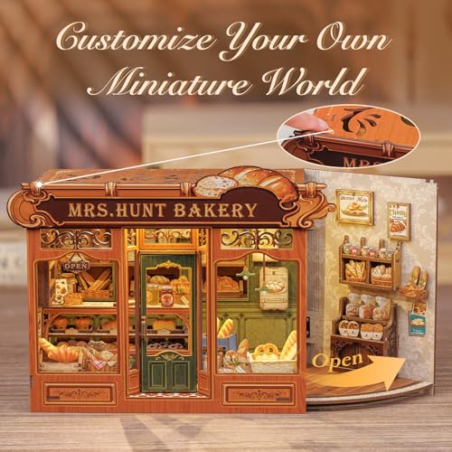 DIY Miniature House Kit - Book Nook Bakery | 3D Wooden Puzzles for Adults Bookshelf Mini Building Gifts for Women (MRS.Hunt Bakery) - style: MRS.Hunt Bakery