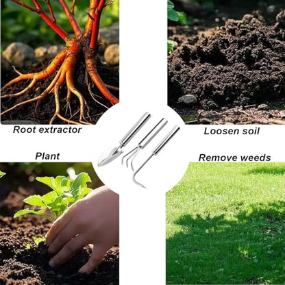 3 Pcs Stainless Steel Mini Garden Tools Set Small Tiny Shovel Trowel Root Extractor Hand Rake Indoor Outdoor Gardening Tools for Pot Plants Succulent Bonsai - style: 3PCS Stainless Steel Silver