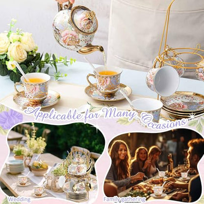 Zhehao 20 Pcs Porcelain Tea Set with Metal Holder and Spoon Adult Ceramic Tea Set European Flower Painting Teapot Cup Saucer Spoon for Women Mom Gift, Large Version (Rustic Style) - color: Rustic Style