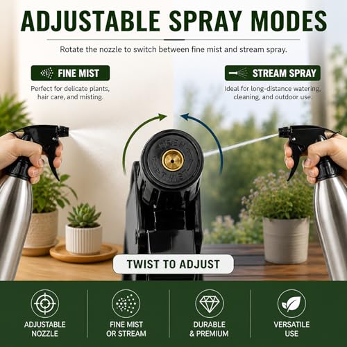 304 Stainless Steel Plant Spray Bottle 500ml, 16oz Refillable Garden Mister for Indoor Plants, Leaf Cleaning & Humidity Control, Durable Metal Spray Bottle for Gardening, Hair, Cleaning