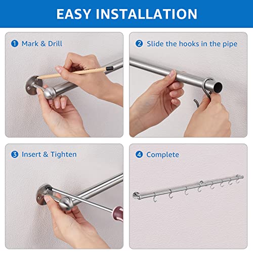 ROTHLEY Hanging Pot Rack Hanger: 39.4 Inch Stainless Steel Pot and Pan Hanger Pot Rack Wall Mounted Hanging Pots and Pans Rack Pot Hangers for Kitchen Wall Kitchen Rail with Hooks (Brushed) - color: Brushed, size: 39.4 inch