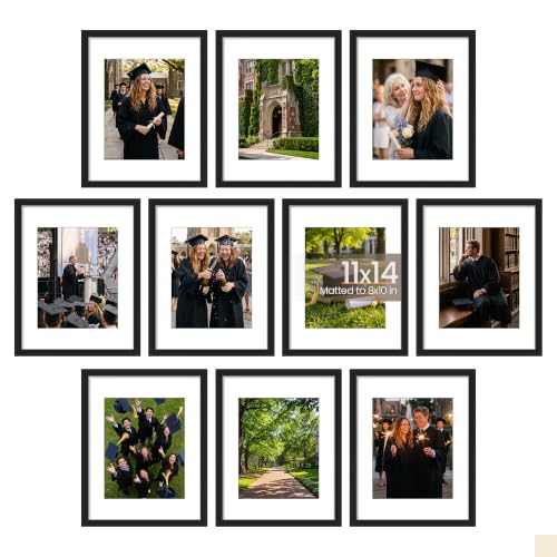 upsimples 11x14 Picture Frame Set of 10, Display Pictures 8x10 with Mat or 11x14 Without, Multi Photo Frames Collage for Wall Display, Black | Fit 8x10 with Mat and 11 x 14 Photos, Wall or Tabletop Display, For Gallery Hallway Living Room, For Christmas -