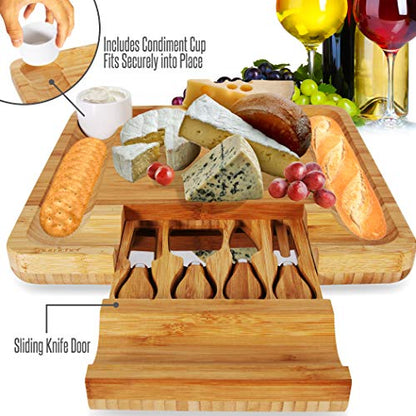 NutriChef Bamboo Cheese Cutting Board Set - Flat Wood Rectangle Serving Platter Plate Kit for Fruit and Meat w/Closing Drawer Tray, 4 Stainless Steel Knives, Bonus Condiment Cup - NutriChef AZPKCZBD10