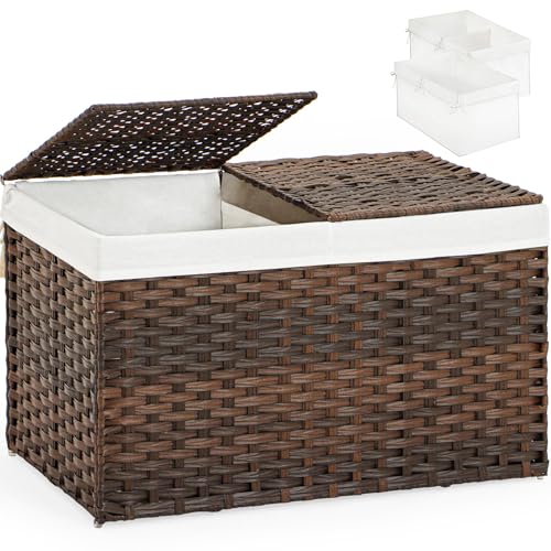 SETVSON Storage Basket with Lid PE Rattan Storage Basket 105L, Brown | 27.8 Gal Storage Bin with 2 Separate Lids, 2 Removable Liners for Clothes & Blankets, Sturdy Metal Frame, PE Rattan - color: Brown, size: 105L-25.2L*15.4W*16.1H