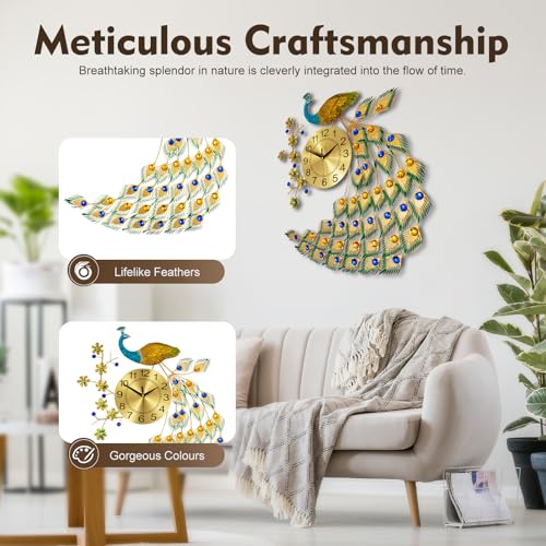 Large Peacock Wall Clock, 29.5" Luxury 3D Wall Clock Non-Ticking Silent Gold Metal Decorative Wall Clock Art Digital Wall Decor for Living Room Bedroom Office - size: 25.59*29.53in