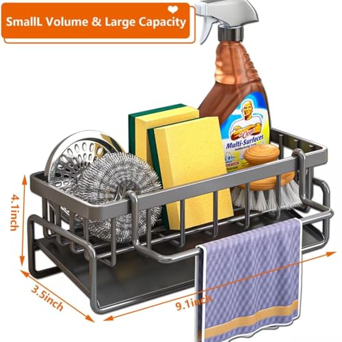 CIT ZCFY Kitchen Sink Caddy Organizers - Stainless Steel Sink Caddy with 30 Tilt Self-Drainage, Dish Brush Holder & Removable Dishcloth Rack - Gray