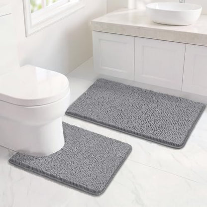 Bcoimo U Shaped Bath Rug Mat Set,2 Piece Chenille Gray Toilet Bathroom Rugs | Extra Soft Bathroom mat set;Non Slip with Rubber Back Bath Mats;High Absorbent And Quick Dry Microfiber mat; Machine Washable - color: Grey, size: U24×20 Plus 30×20