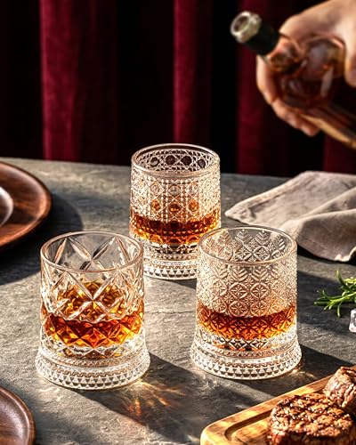 CEEFU 360° Spinning Whiskey Glasses Set with Gift Box, Set of 2 | Old Fashioned with Rotating Base - 2 Big Ice Ball Molds - Bourbon, Cocktail, Rocks, Bday Gifts Ideas for Men, Ice Crackle - size: 9.5 oz-Ice Crackle Pattern