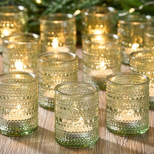 24 Pack Clear Glass Votive Candle Holders, Vintage Candle Holder for Floating Candle, Tealight Candle Holder for Table Centerpieces Home Bridal Shower Birthday Christmas Table Decoration (Green) - color: Green