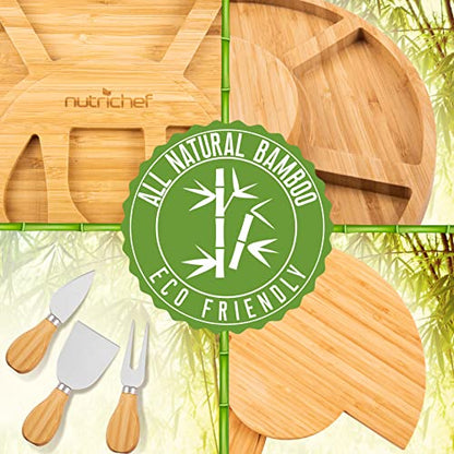 NutriChef Bamboo Natural Cheese Board Set with Bonus Condiment Cup-Extra Large Size 100% Home Organic Wooden Plate and Charcuterie Tray with 4 pcs Cutting Knife Slicer, 13" Round - style: Round with Gift Box