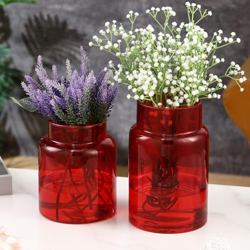 Large Glass Vase, Large Flower Vases for Bouquet, Red Glass Vase Set of 2, Tall Wide Mouth Vases for Flowers, Home, Wedding, Living Room, Office Decor, 7"+9" - color: Red, size: 7 Inch + 9Inch