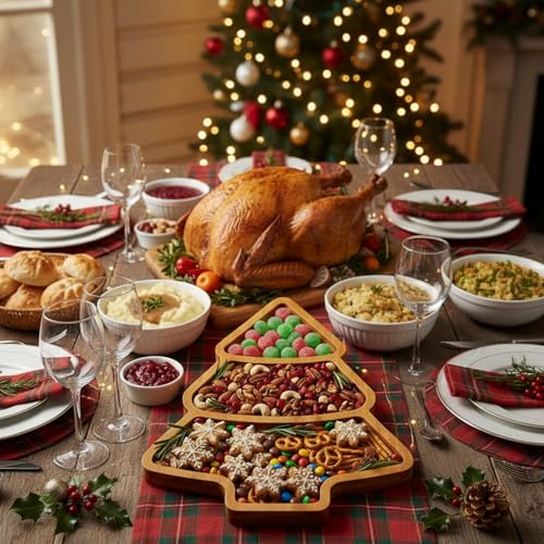 11.42 x 10.43 Inch Christmas Tree Wood Serving Platter Board | Rustic Charcuterie Platter for Christmas Parties, Cheese Fruit Tray, Farmhouse Cutting Board for Holiday Table - style: Christmas Tree