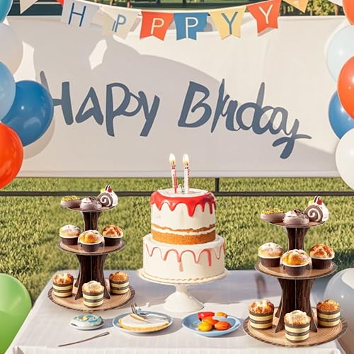 Rustic Woodland Cupcake Stand Set, 2 Pack 3-Tier Dessert Tower for Safari Birthday, Baby Shower, Camping & Woodland Party Decor