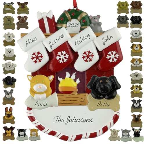 Customized and Personalized Christmas Ornament - Family of 2-6 with Two Pets - Select 2 of The 25 Different Dogs and Cats to Design Your Own Made to Order Gift (Family of 4) - size: Family of 4 with 2 Pets