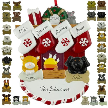 Customized and Personalized Christmas Ornament - Family of 2-6 with Two Pets - Select 2 of The 25 Different Dogs and Cats to Design Your Own Made to Order Gift (Family of 4) - size: Family of 4 with 2 Pets