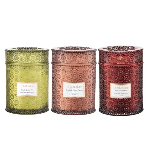 LA JOLIE MUSE Holiday Glow Candle Trio | 3×19 oz | Ruby Berry Bliss, Hearth & Velvet Flames, Starlit Golden Fir | Festive Soy Candles | Gift-Wrapped Wooden Wicks