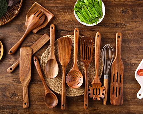 Kitchen Utensils Set, NAYAHOSE 12 Pcs Teak Wooden Cooking Spoons Spatula Spurtles Kit with Spoon Rest Whisk, Non-stick Natural Kitchen Tools - style: 12Pcs Set