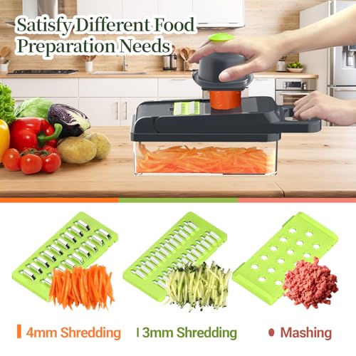 12-in-1 Vegetable Chopper 7 Blades, Veggie Cutter with Handle, Green/Grey | Stainless Steel Blades, Food Container and Lid, Dicer, Slicer, Julienne, Egg Separator, Non-slip Base, Include Cleaning Tools - color: Green, size: 7 blades