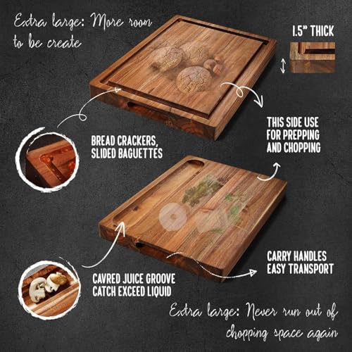 XL Acacia Wood Cutting Board (20x15x1.5in) and Wooden Butcher Block, Chopping Board-Reversible Multipurpose For Meat, Cheese Board, Vegetables, Bread with Juice Groove, Cracker Holder & Inner Handles - size: 20"L x 15"W