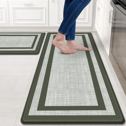 Mattitude Kitchen Mats Set of 2,Cushioned Anti-Fatigue Non-Skid Rug Sets | Ergonomic Comfort PVC Kitchen Mats for Floor,Standing Mat for Kitchen,Floor,Office,Sink,Laundry, Green Frame - color: Green Frame, size: 17.3" x 47 "+ 17.3" x 29 "--0.40 inches