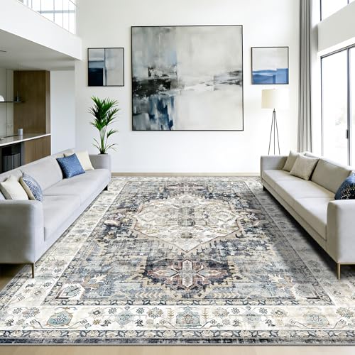 AooHHooA 8x10 Area Rugs for Living Room, Light Blue Boho Large Area Rug Vintage Low Pile Non-Slip Washable Carpet Living Room Rug 8x10 Vintage Blue Boho Rugs for Bedroom Dining Room - color: Blue, size: 8' x 10' (Rectangular)