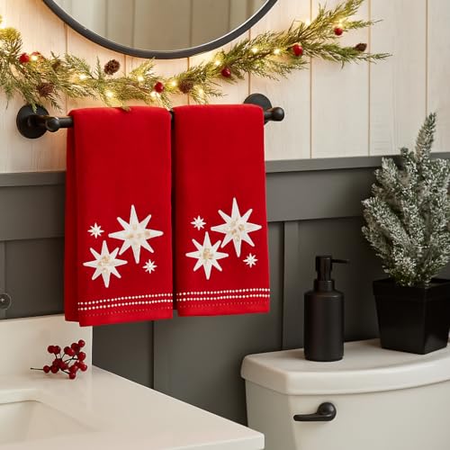 Christmas Bath Hand Towels, Stars with Sequins, Cotton, Red, 16" x 25", Set of 2 - color: Organza Stars