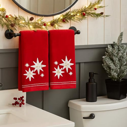 Christmas Bath Hand Towels, Stars with Sequins, Cotton, Red, 16" x 25", Set of 2 - color: Organza Stars