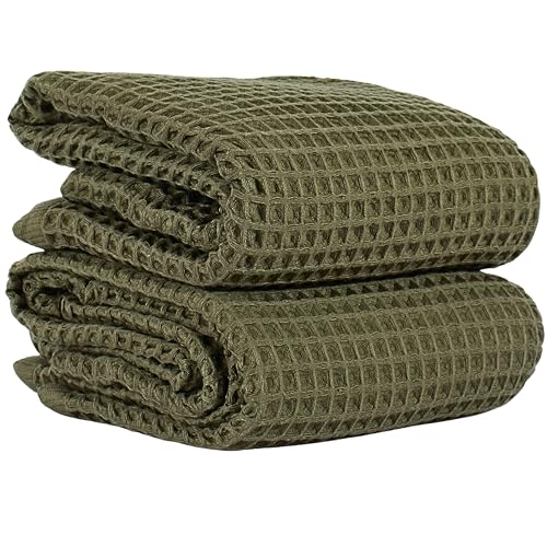 PÜSKÜL 2-Piece Natural 100% Turkish Cotton Waffle Bath Towels Extra-Large | Khaki Green 32x63" Bath Sheet Towel Light Soft Absorbent Quick-Dry Lint-Free Premium Honeycomb Weave Oeko-Tex Made in Turkiye - color: Khaki Green