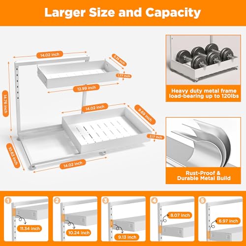 TATAANTY Under Sink Organizer, L-Shaped Metal 2-Tier Double Pull-Out Drawer for Kitchen & Bathroom Cabinets, Adjustable Height Storage - 50lbs Heavy Duty Waterproof 2PCS Height Adjustable - color: Cream White