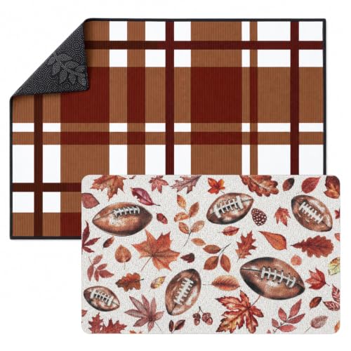 2 Pcs Fall Football Layered Door Mat, Football Home Decor | Football Front Doormat for Outdoor, with Maple Leaf, Brown Buffalo Plaid Rug, for Kitchen, Porch, Non Slip Coir Design - style: Football Maple Leaf