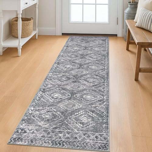 KILOCOCO Washable Runner Rug 2x6 ft Non-Slip Hallway Runners, Grey | Non Slip Runner Rug, Printed Kitchen Runner Rug, Low-Pile Entryway Runners, Soft Geometric Rugs for Bedroom Hall Living Room - color: Grey, size: 2' x 6' (Runner)
