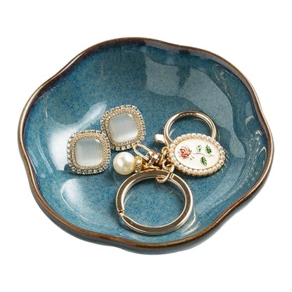 BEUNAIZER Ceramic Ring Dish, 4.3 in Flower Jewelry Tray with Raised Sides | Keeps rings, earrings, keys and hair accessories visible on a vanity, nightstand or bathroom counter. - color: blue