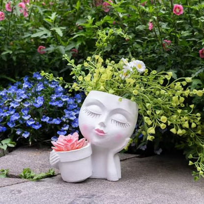 Lady Face Planter Pots Head - Double Cute Planters for Indoor Plants, Flower & Succulent with Drainage Holes, Novelty Head Plant Pot for Home Garden Succulents Cactus White - color: White-b