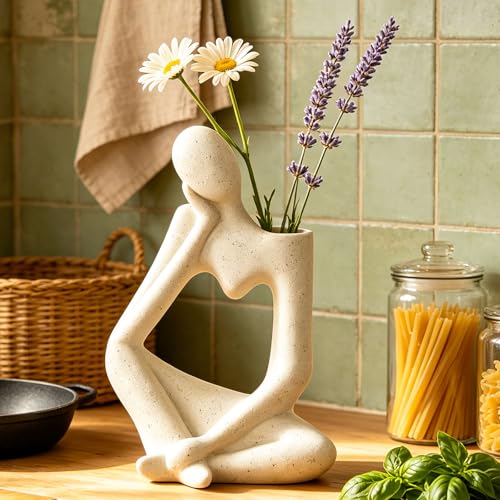 Arawat Ceramic Thinker Vase White Flower Vase for Home Decor Modern Cute Boho Vases for Table Room Decor Unique Aesthetic Vase Ceramic Decorative Face Vases for Centerpieces Birthday Gifts for Women - color: Beige Ceramic Flower Vase for Home Decor