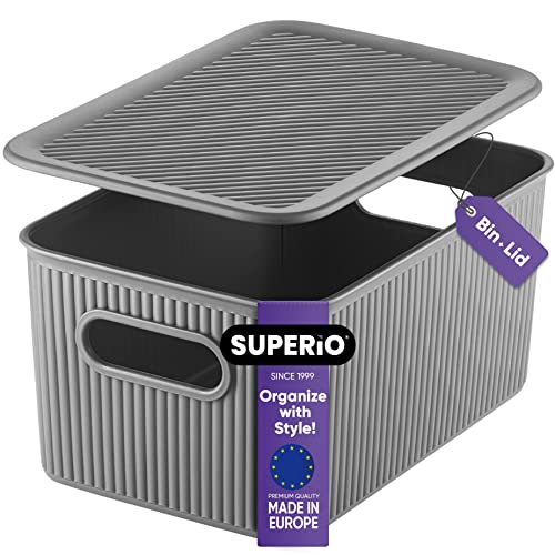 Superio Ribbed Collection - Decorative Plastic Basket Lidded Home Storage Bins Organizer, Medium Grey (1 Pack - 5 Liter) Stackable Container Box, for Organizing Closet Storage Bins for Shelves - size: 1 Pack