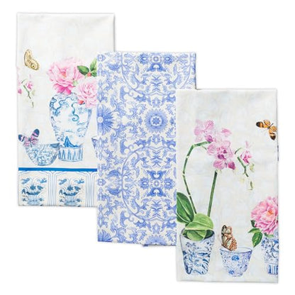 Maison d' Hermine Kitchen Towels Set of 3 Reusable 100% Cotton 27.50" x 20" | Cloth Tea Dish Towels Absorbent with Hanging Loop for Kitchen Dining Party Wedding Hotel Home Spring Summer - Canton - color: 002 - Canton