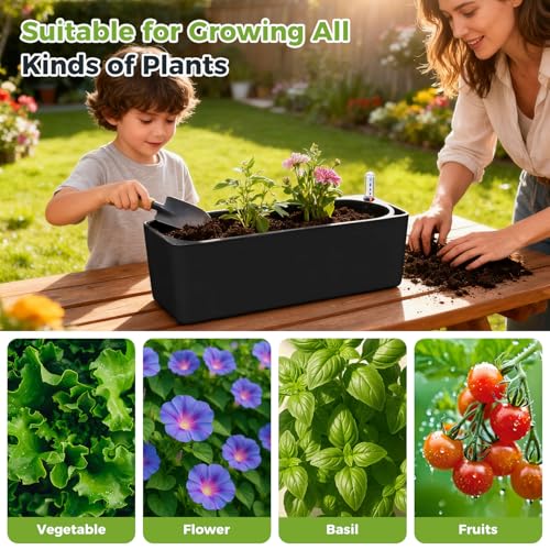 2 Pack Rectangular Self Watering Planter 15.6 x 5.4 in Window Sill Planters Indoor Rectangle Planter Self Watering Pots Plastic Plant pots with Drainage Holes Black Flower Pot (Black) - color: Black