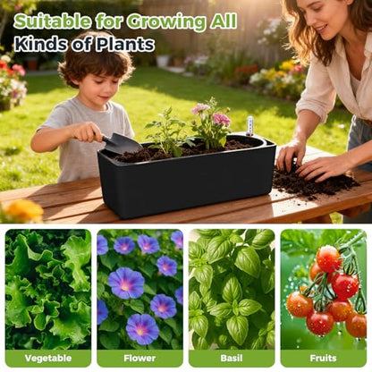 2 Pack Rectangular Self Watering Planter 15.6 x 5.4 in Window Sill Planters Indoor Rectangle Planter Self Watering Pots Plastic Plant pots with Drainage Holes Black Flower Pot (Black) - color: Black