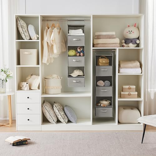MAX Houser 6 Tier Shelf Hanging Closet Organizer, Closet Hanging Shelf with 2 Sturdy Hooks for Storage,2 Pack, Foldable (Light Grey) | Dorm Room Essentials with 2 sturdy hooks, foldable lightweight fabric closet storage, space-saving design for Bedroom -
